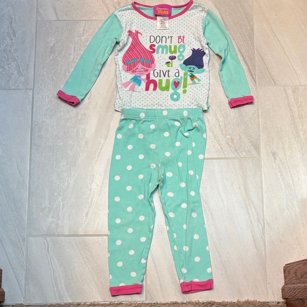 Dreamworks Trolls (Size 4) Kids Pajama Set - Mint Green and Pink